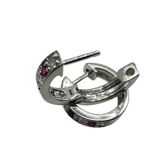 Shane Co. 14K White Gold Diamon & Red Stone Mini Hoop Earrings (16204) - Picture 3 of 16